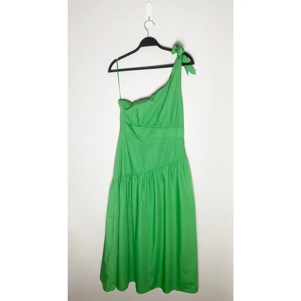 Lalavon Women's Green One Shoulder Tie Dress Midi Tiered Summer Vacation Flowy L